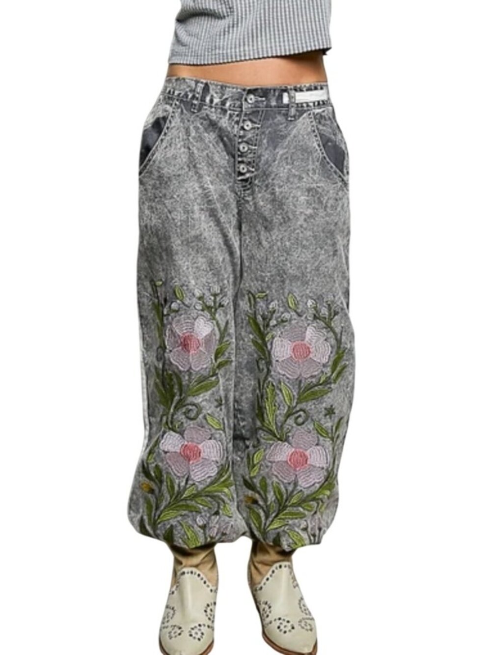 POL Floral Embroidered Acid Wash Tencel blend Jogger Pants Elastic Cuffs M